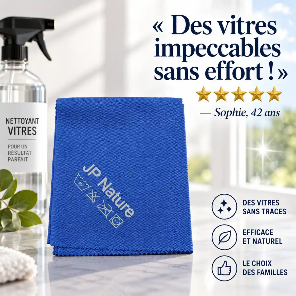 Chiffon Magique Spécial Vitres JP Nature avec avis client 5 étoiles et témoignage Sophie