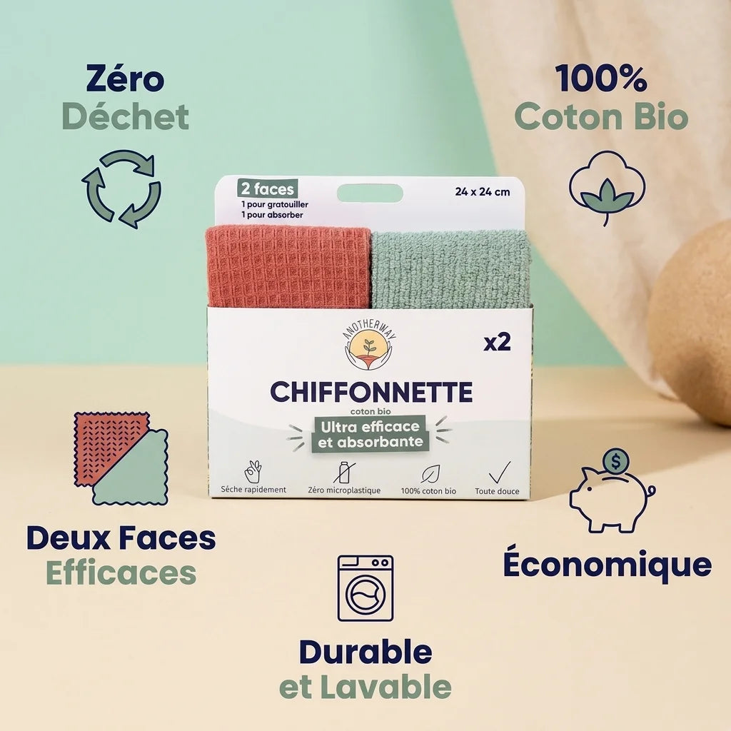 Chiffonettes lavables Anotherway avec infographie bénéfices zéro déchet coton bio