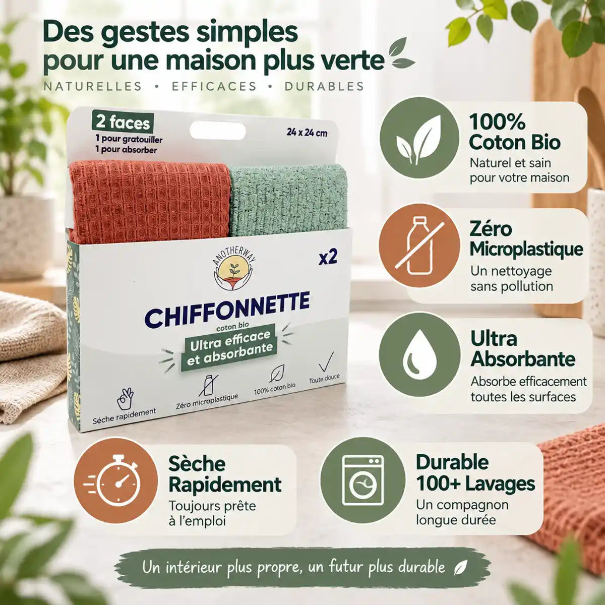 Chiffonettes lavables Anotherway coton bio avec icônes avantages écologiques et durables