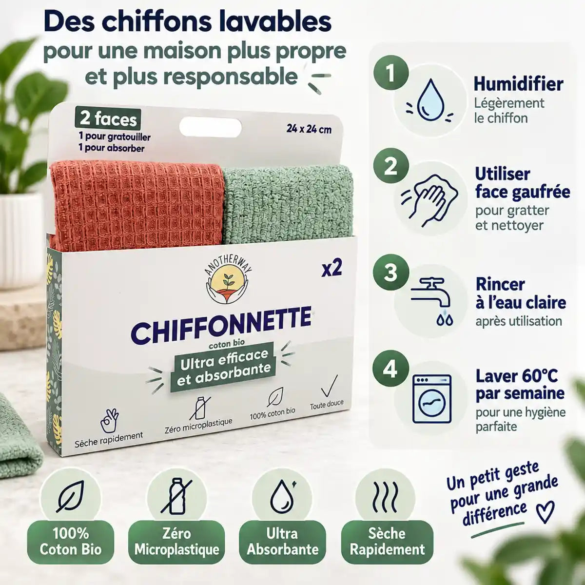 Chiffonnettes lavables multi-usages Anotherway en coton bio avec guide d'utilisation et instructions de lavage
