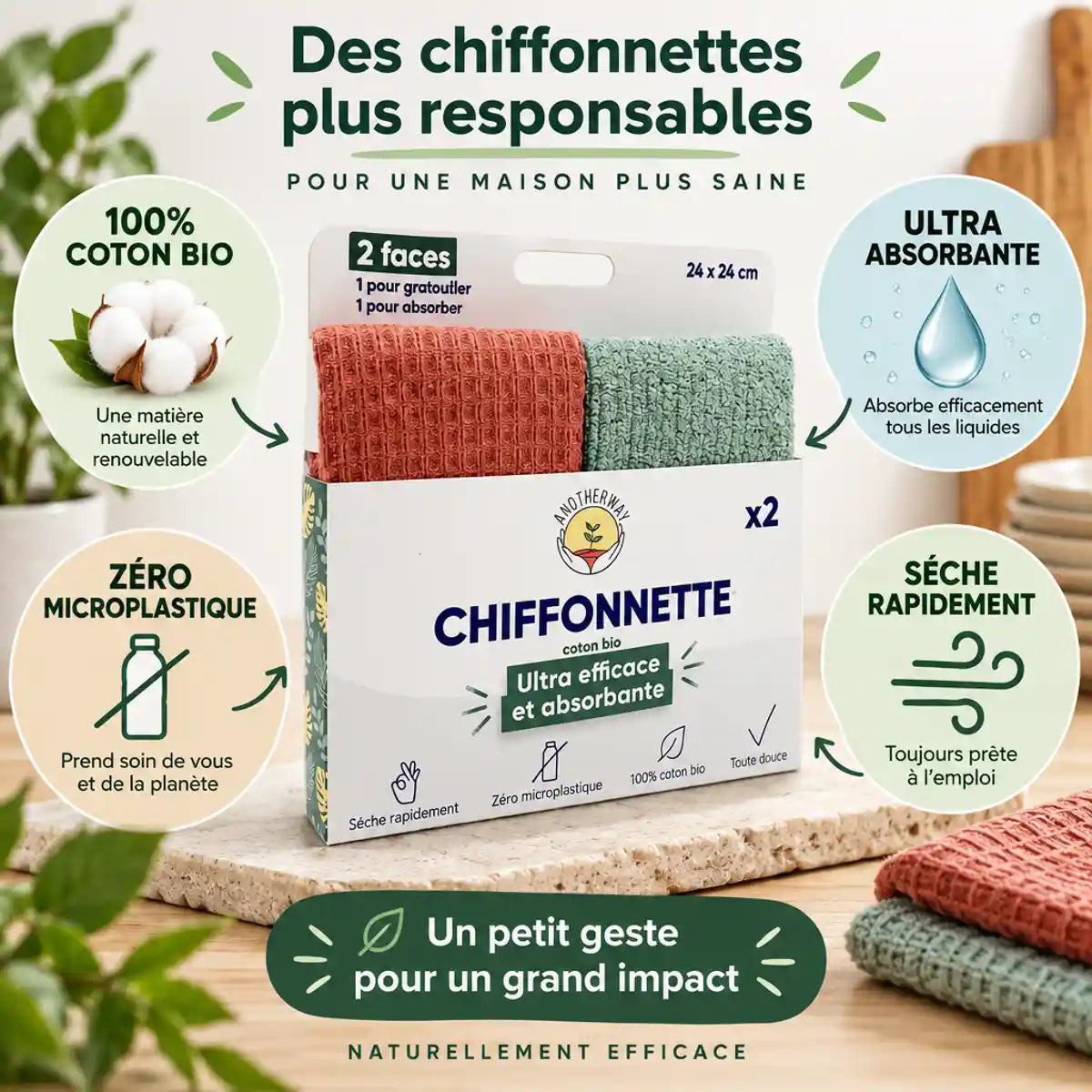 Chiffonettes lavables bio lot de 2 terracotta et sage green - coton 100% absorbant Anotherway