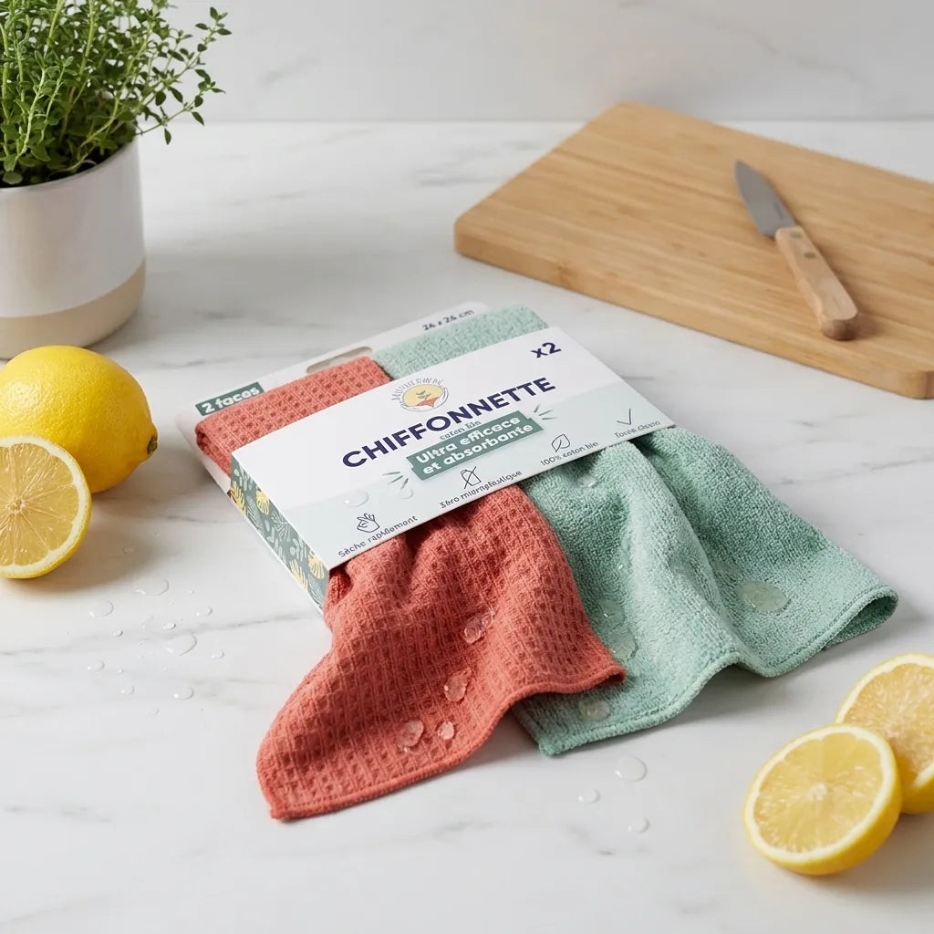 Chiffonettes lavables Anotherway lot de 2 corail et menthe sur plan de travail cuisine
