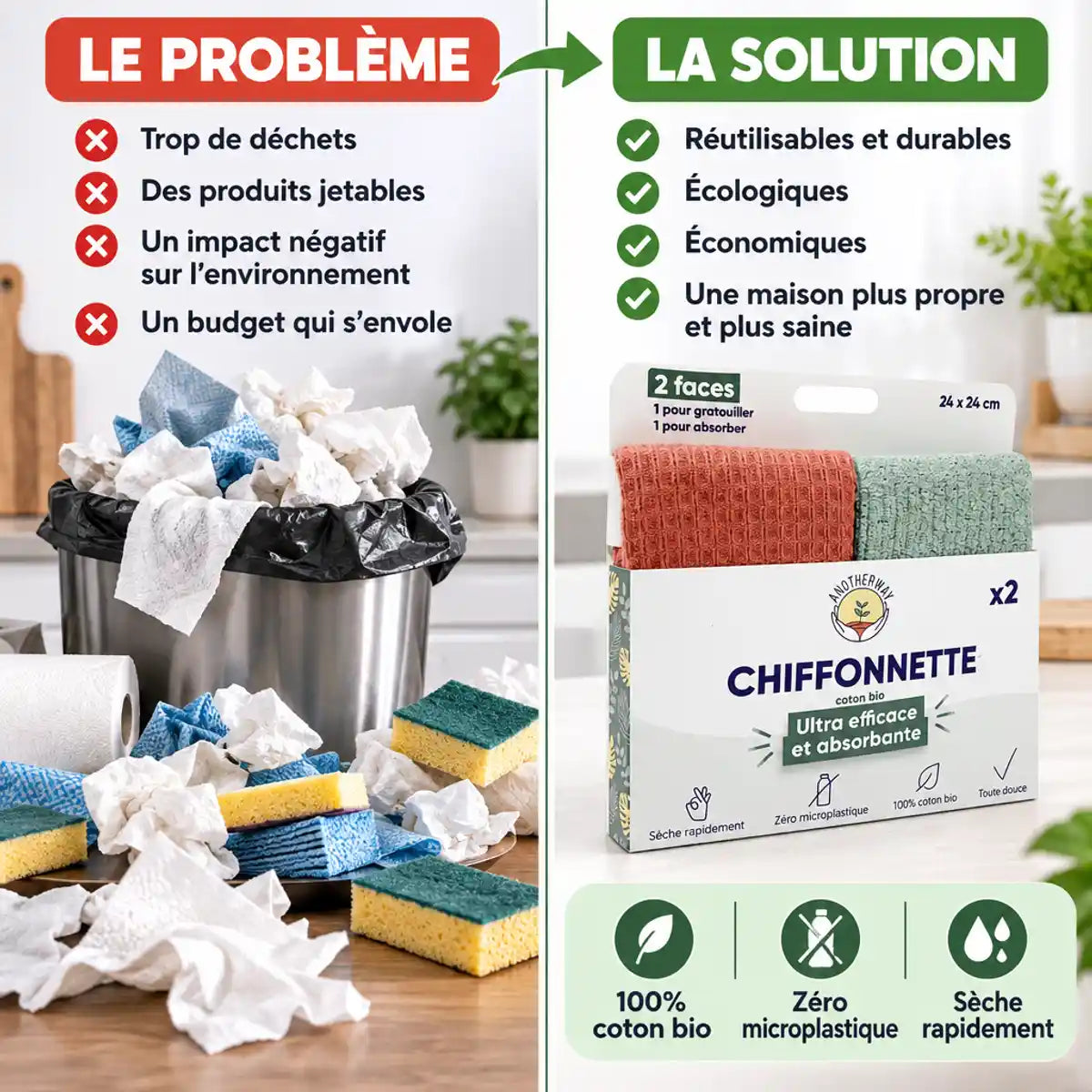 Chiffonettes lavables Anotherway en coton bio : solution écologique versus déchets jetables