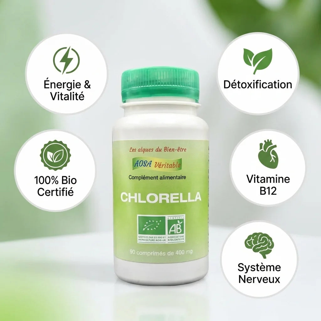 Chlorella bio Aosa 90 comprimés avec bénéfices détoxification, énergie et vitamine B12 certifié