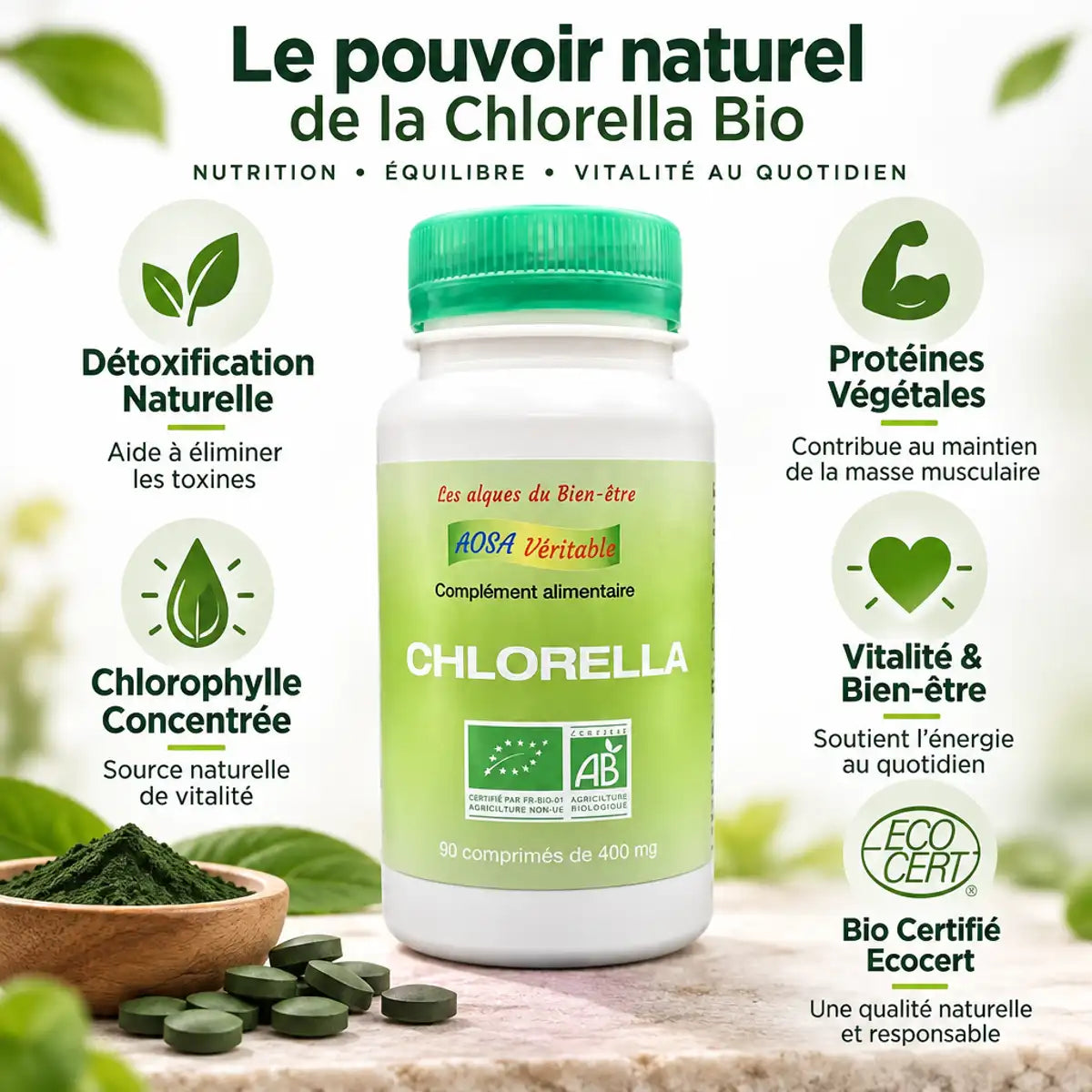 Chlorella bio AOSA 90 comprimés avec benefits détoxification, protéines végétales et certification Ecocert