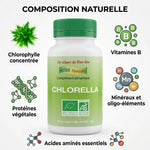 Chlorella bio Aosa 90 comprimés avec infographie composition naturelle, protéines et vitamines