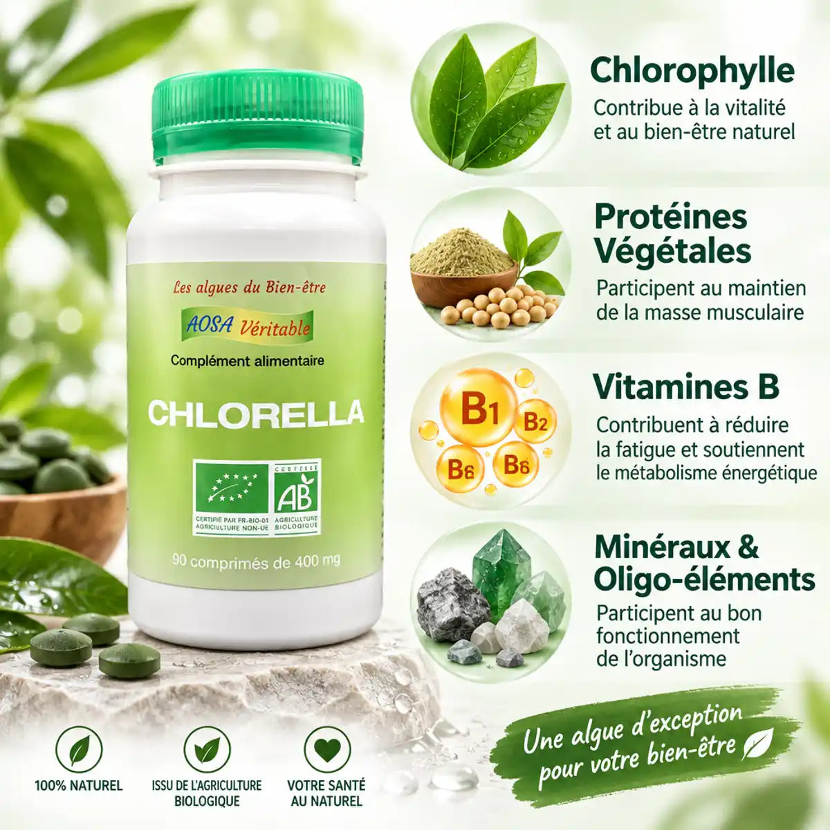Chlorella bio Aosa Véritable - Flacon 90 comprimés avec infographie des nutriments: chlorophylle, protéines, vitamines B