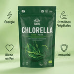 Chlorella poudre bio Iswari 125g avec infographie bénéfices: énergie, protéines, fer, immunité