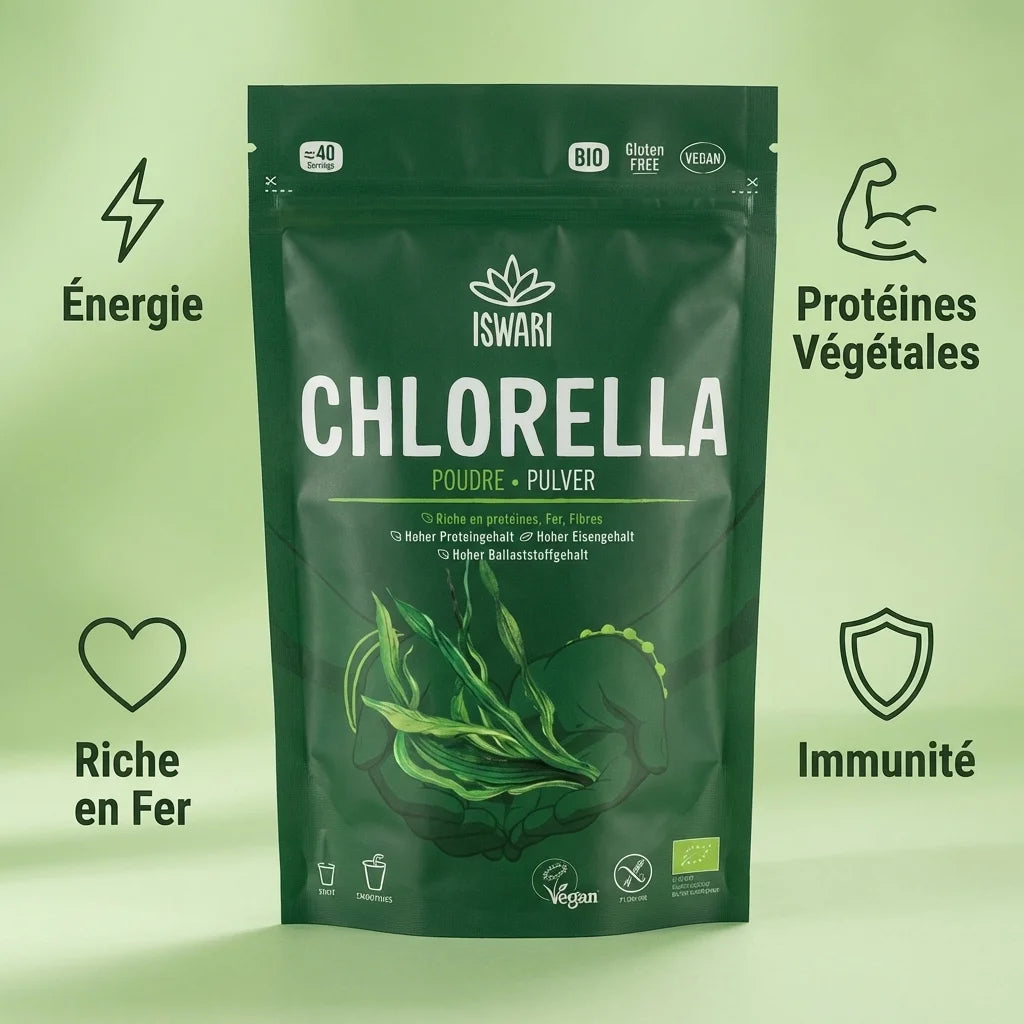 Chlorella poudre bio Iswari 125g avec infographie bénéfices: énergie, protéines, fer, immunité