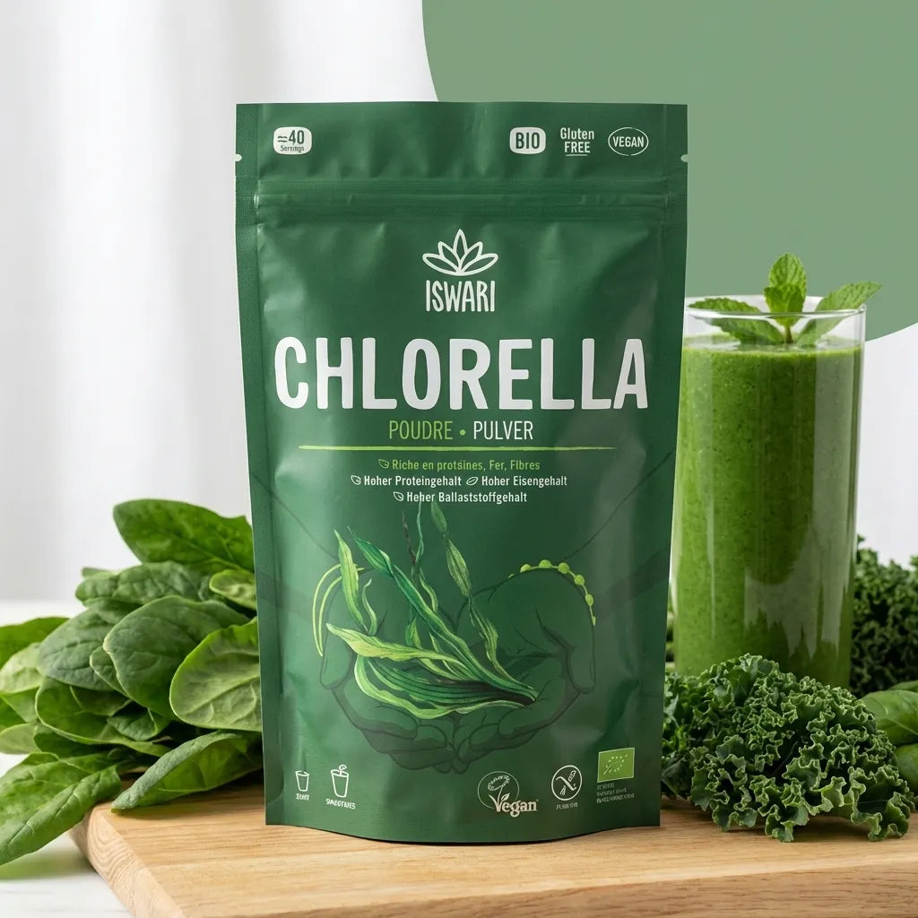 Chlorella en poudre bio Iswari 125g avec smoothie vert et légumes frais