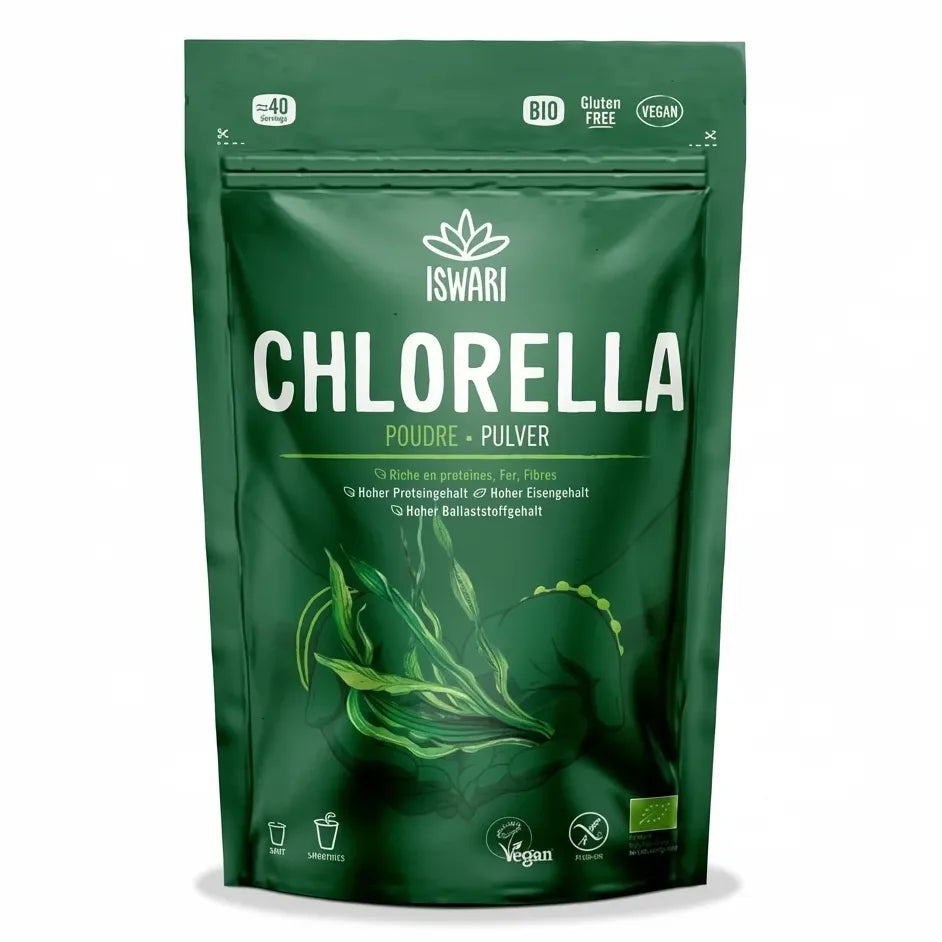 Chlorella poudre bio 125g Iswari - Sachet vert certifié bio et vegan