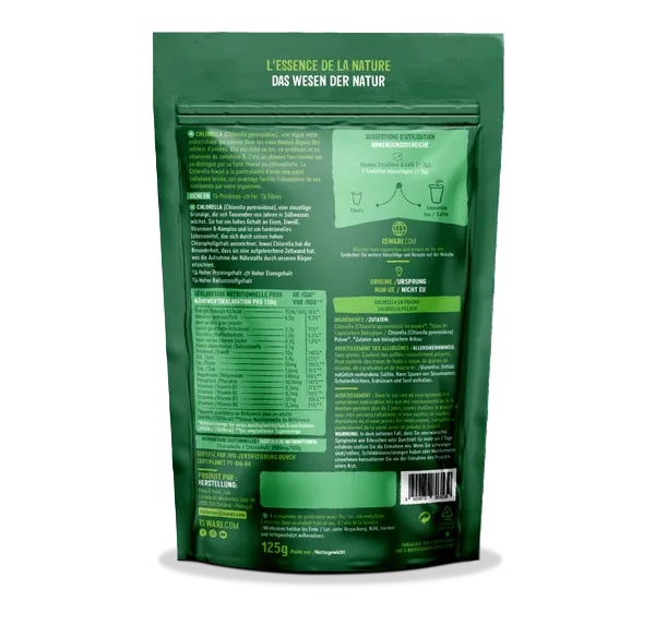 Le dos d'un paquet de Chlorella en poudre bio Iswari
