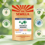 Chlorelle crue poudre bio 60g Sol Semilla avec icônes bénéfices santé : énergie, immunité, détoxification, protéines