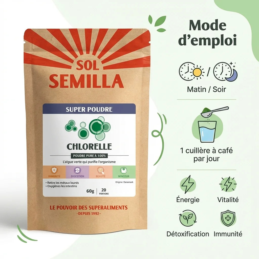 Chlorelle Crue Poudre Bio 60g Sol Semilla avec infographie posologie et bénéfices santé