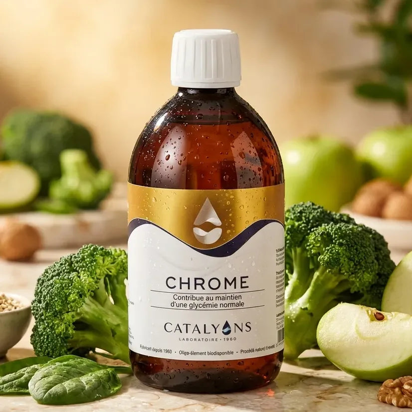 Chrome Catalyons flacon 500ml entouré d'aliments sains et gouttes d'eau, présentation premium
