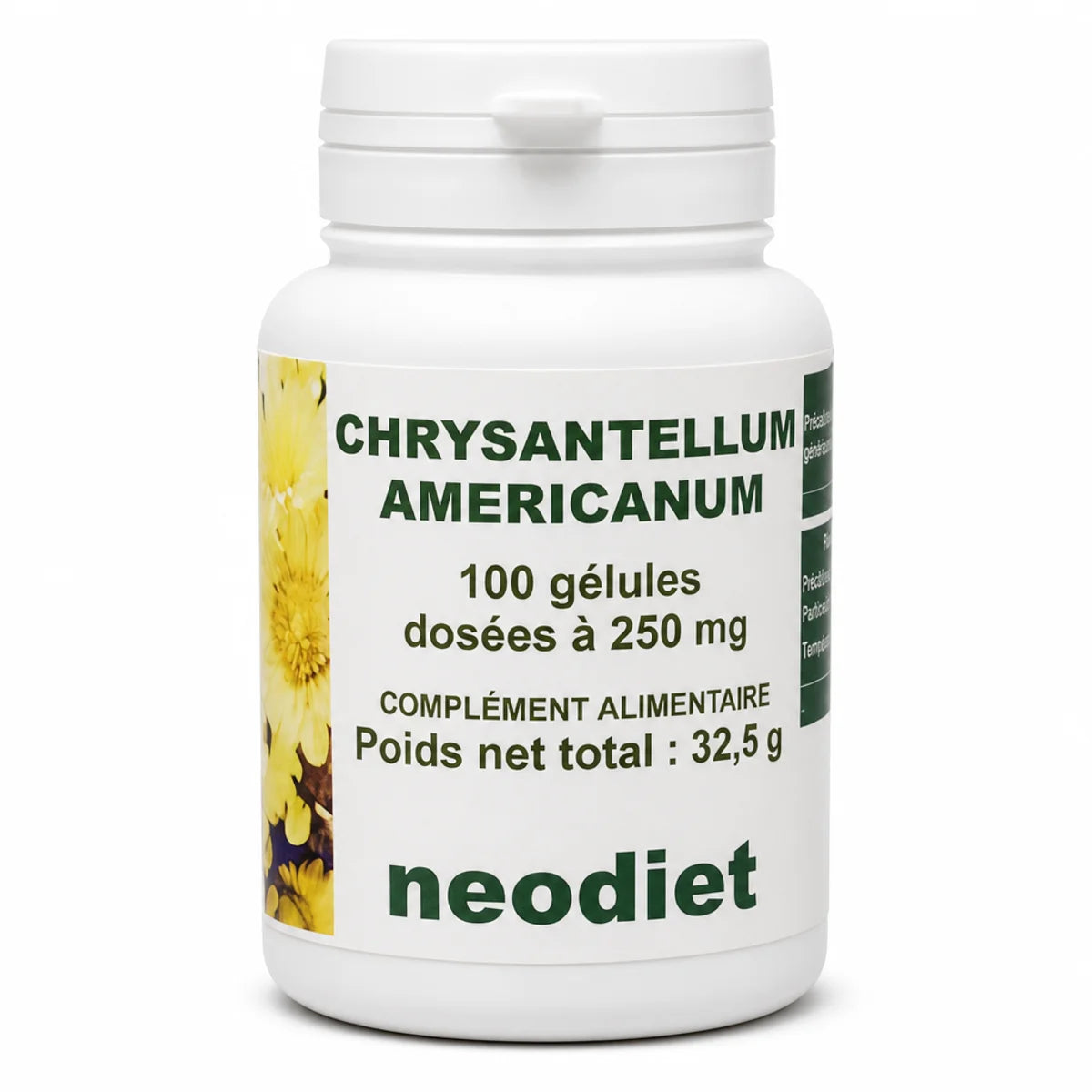 Bouteille Chrysantellum Americanum 100 gélules Neodiet sur fond blanc, complément alimentaire 250mg