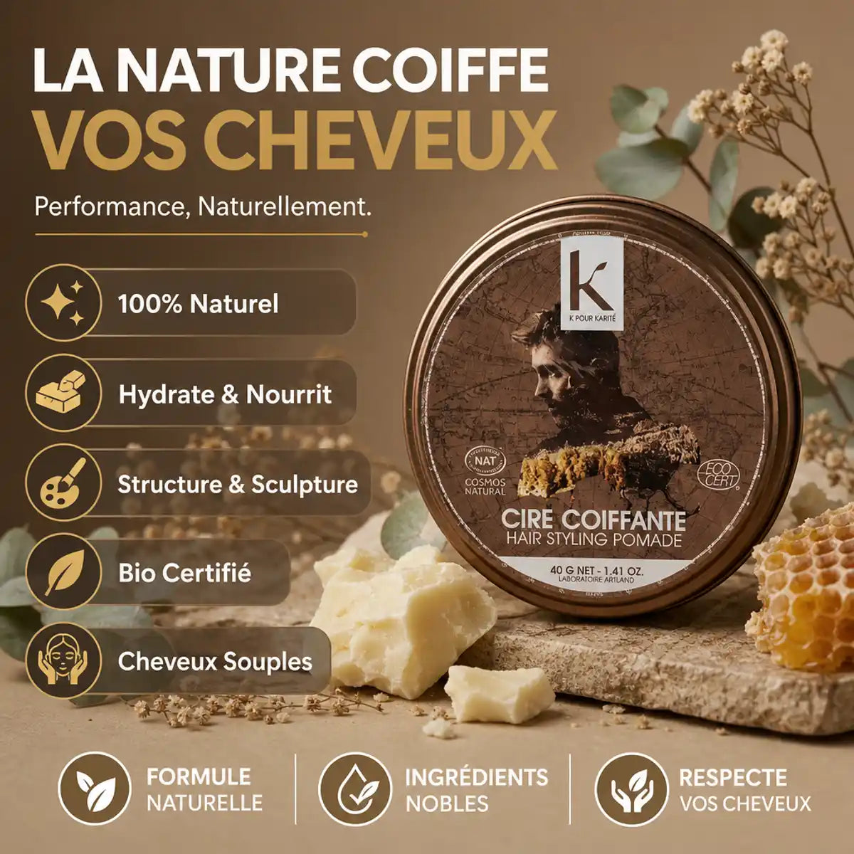 Cire Coiffante Bio K pour Karité 40g avec ingrédients naturels et bénéfices certifiés bio