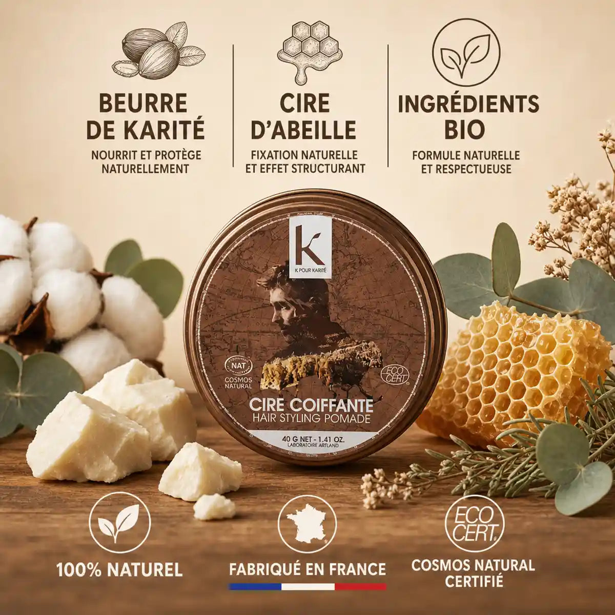 Cire coiffante bio K pour Karité 40gr avec ingrédients naturels beurre karité et cire abeille