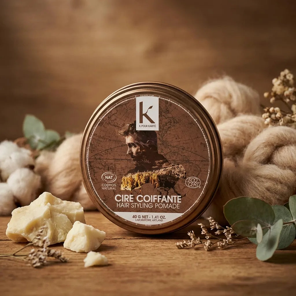 Cire Coiffante Bio K pour Karité 40g sur surface bois avec ingrédients naturels