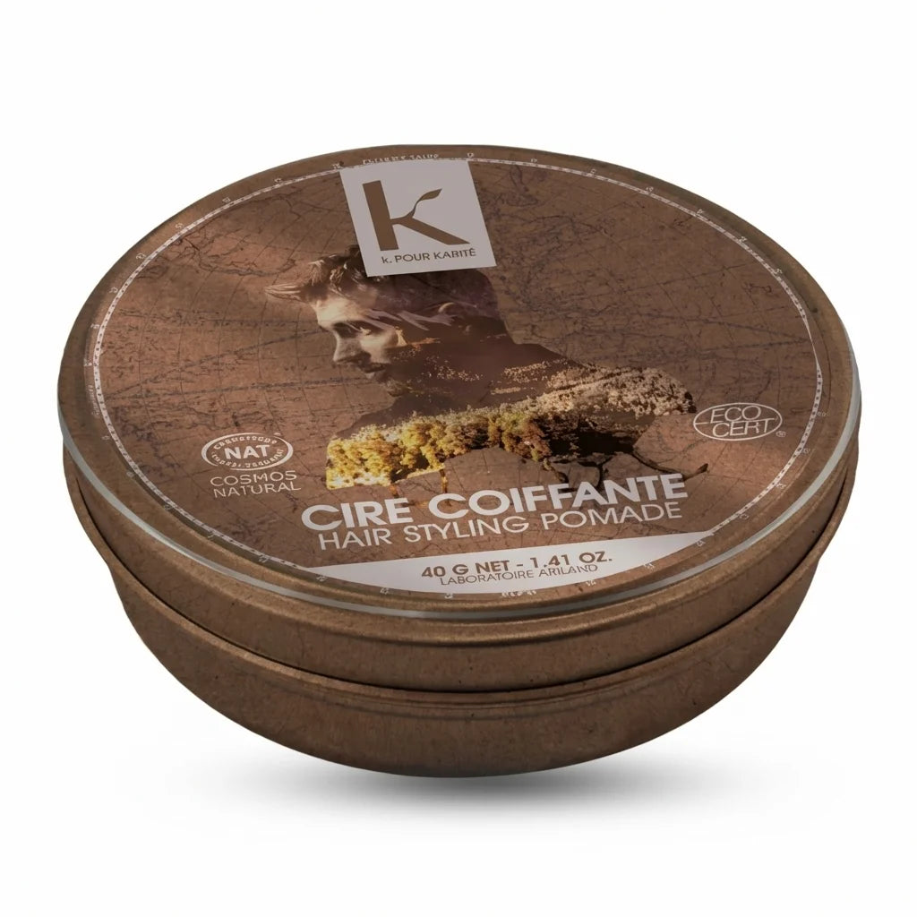 Cire coiffante bio K pour Karité 40g dans son emballage rond métallisé