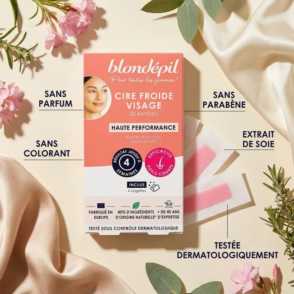 Cire froide visage Blondépil 20 bandes avec ingrédients botaniques naturels et extrait de soie