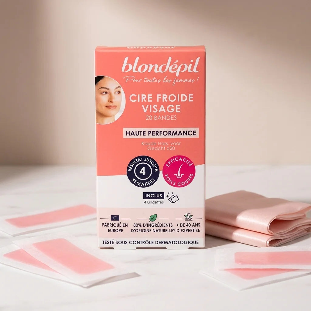 Cire froide Blondépil 20 bandes visage avec lingettes soie sur marbre blanc