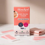 Cire froide Blondépil 20 bandes visage avec lingettes soie sur marbre blanc