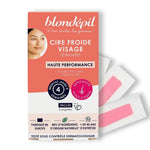 Cire froide visage Blondépil 20 bandes - boîte packaging avec bandes roses et lingettes nettoyantes