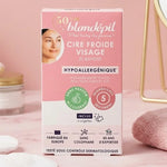 Cire froide visage Blondépil 20 bandes sans parfum sur vanité avec accessoires beauté