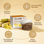 Cire Orientale Acorelle bio 300g avec icônes bénéfices épilation naturelle et écologique