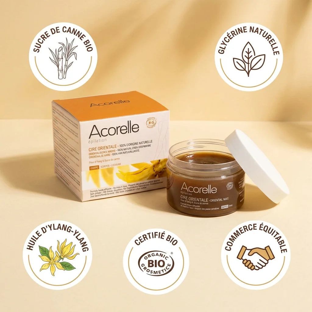 Cire Orientale Acorelle bio 300g avec bandes et ingrédients naturels certifiés