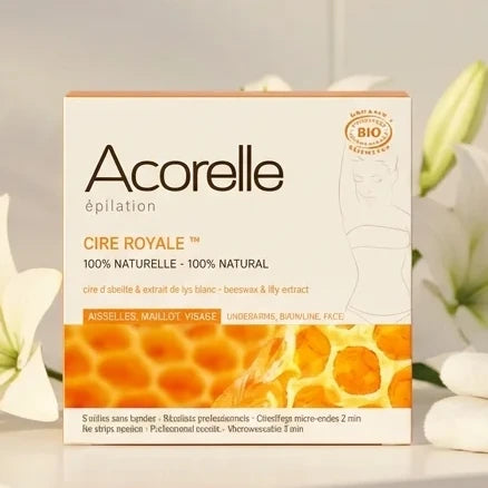 Cire Royale Bio Acorelle 100g avec accessoires beauté bio et fleurs blanches