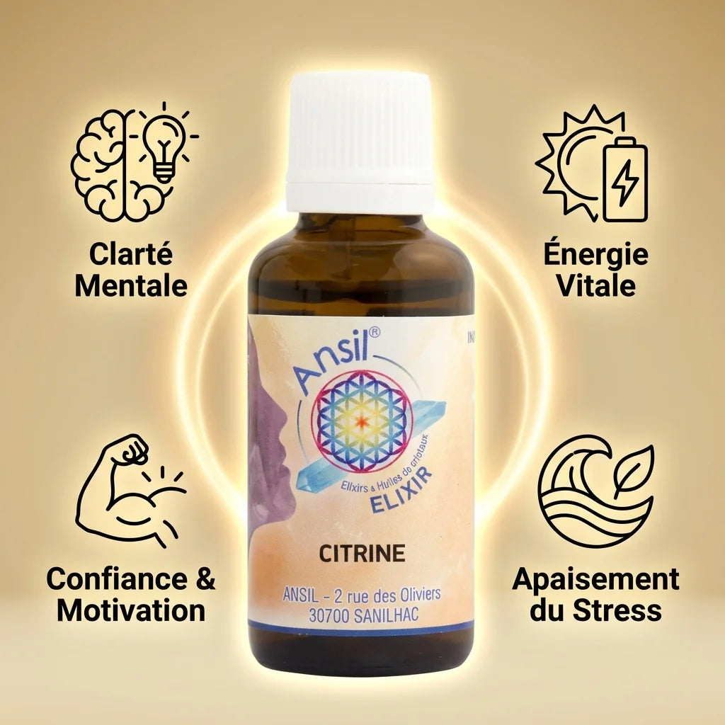 Citrine Elixir cristal Ansil 30ml avec bénéfices : clarté mentale, énergie vitale, confiance et apaisement