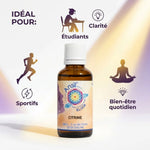 Citrine Elixir cristal Ansil 30ml avec infographies bien-être pour sportifs et étudiants