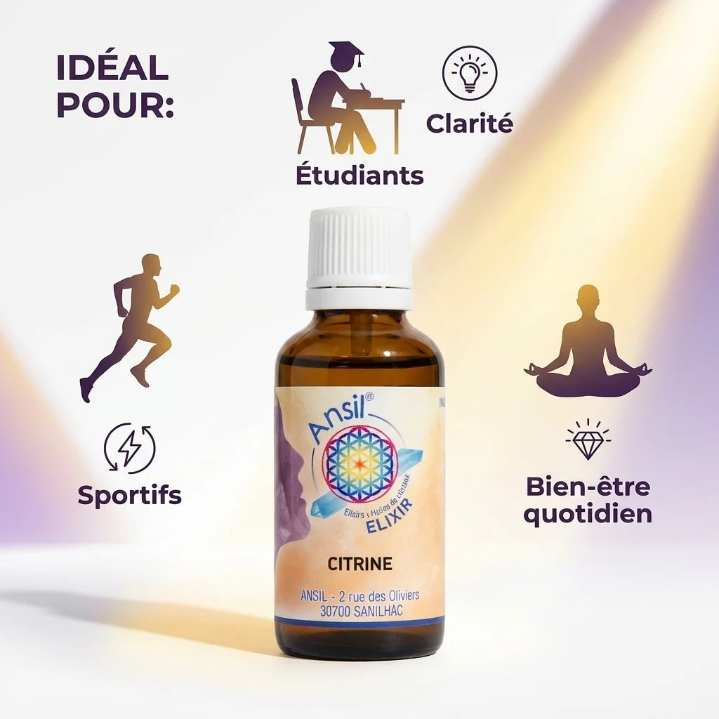 Citrine Elixir cristal Ansil 30ml avec infographies bien-être pour sportifs et étudiants