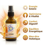 Huile de cristal Citrine Ansil 50ml avec infographie des bénéfices énergétiques et bien-être