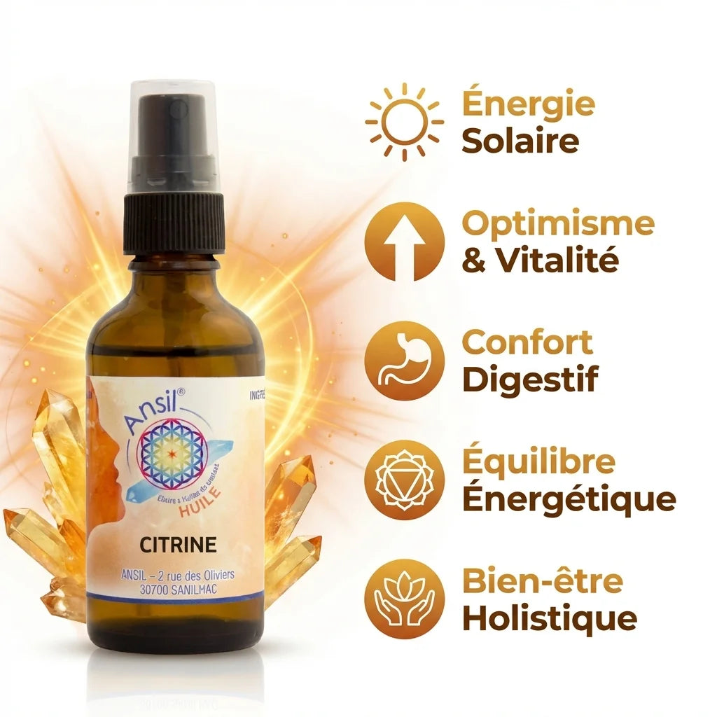 Huile de cristal Citrine Ansil 50ml avec infographie des bénéfices énergétiques et bien-être