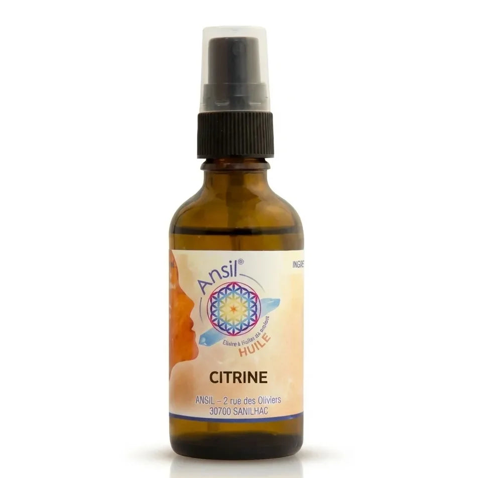 Flacon d'huile de cristal Citrine 50 ml avec vaporisateur, étiquette logo mandala violet