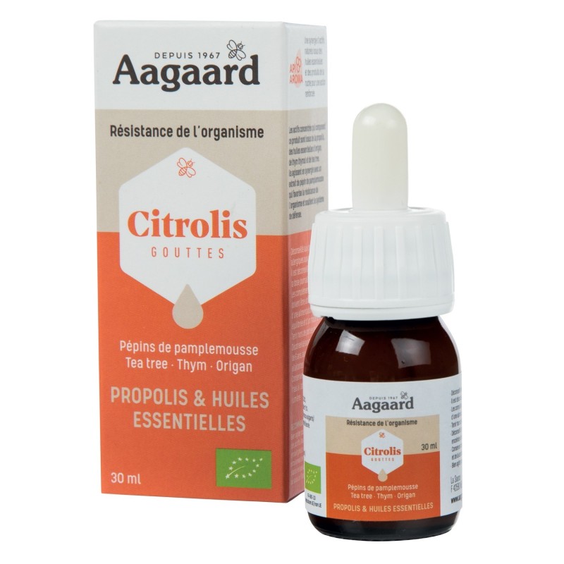 Un flacon de  Citrolis bio de 30 ml de la marque Aagaard avec son emballage