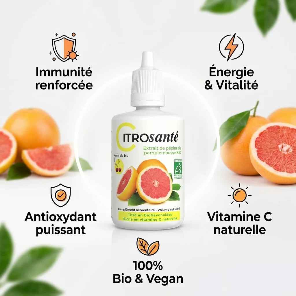 CITROSanté® extrait de pépins de pamplemousse bio avec infographies des bénéfices santé
