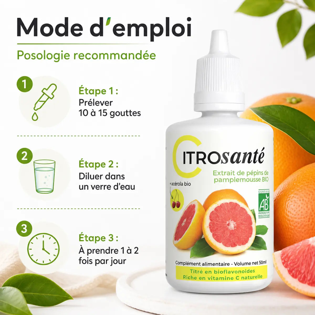 CITROSanté® extrait de pépins de pamplemousse bio avec mode d'emploi et posologie