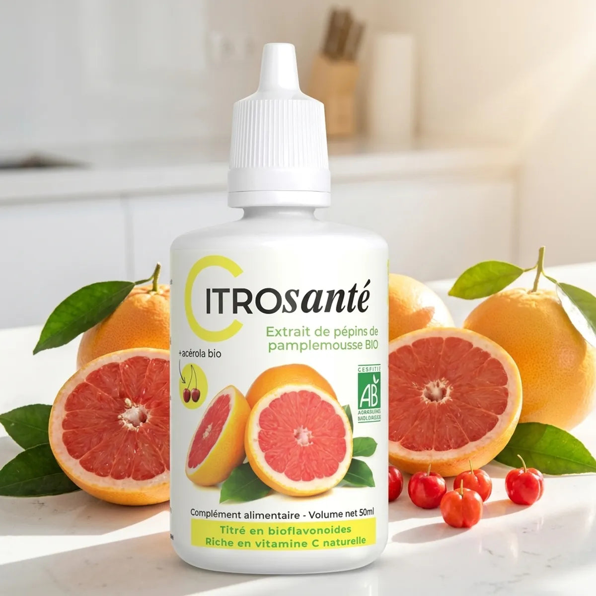CITROSanté® extrait de pépins de pamplemousse bio avec fruits frais sur plan de travail