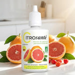 CITROSanté® extrait de pépins de pamplemousse bio avec fruits frais sur plan de travail