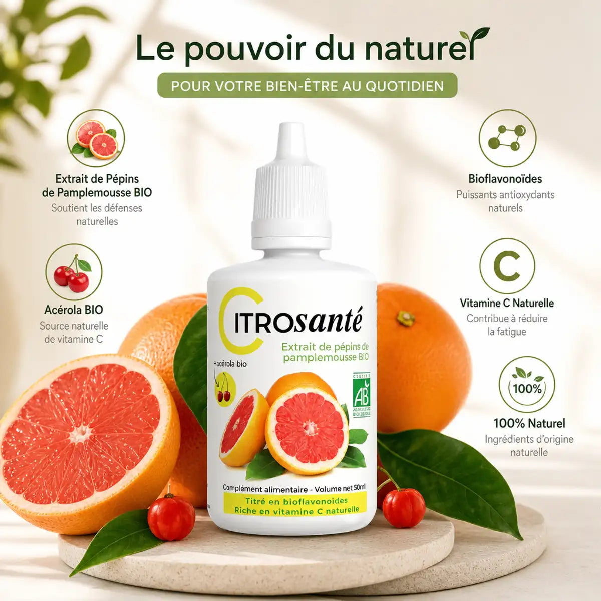CITROSanté® extrait de pépins de pamplemousse bio avec ingrédients naturels et vitamine C