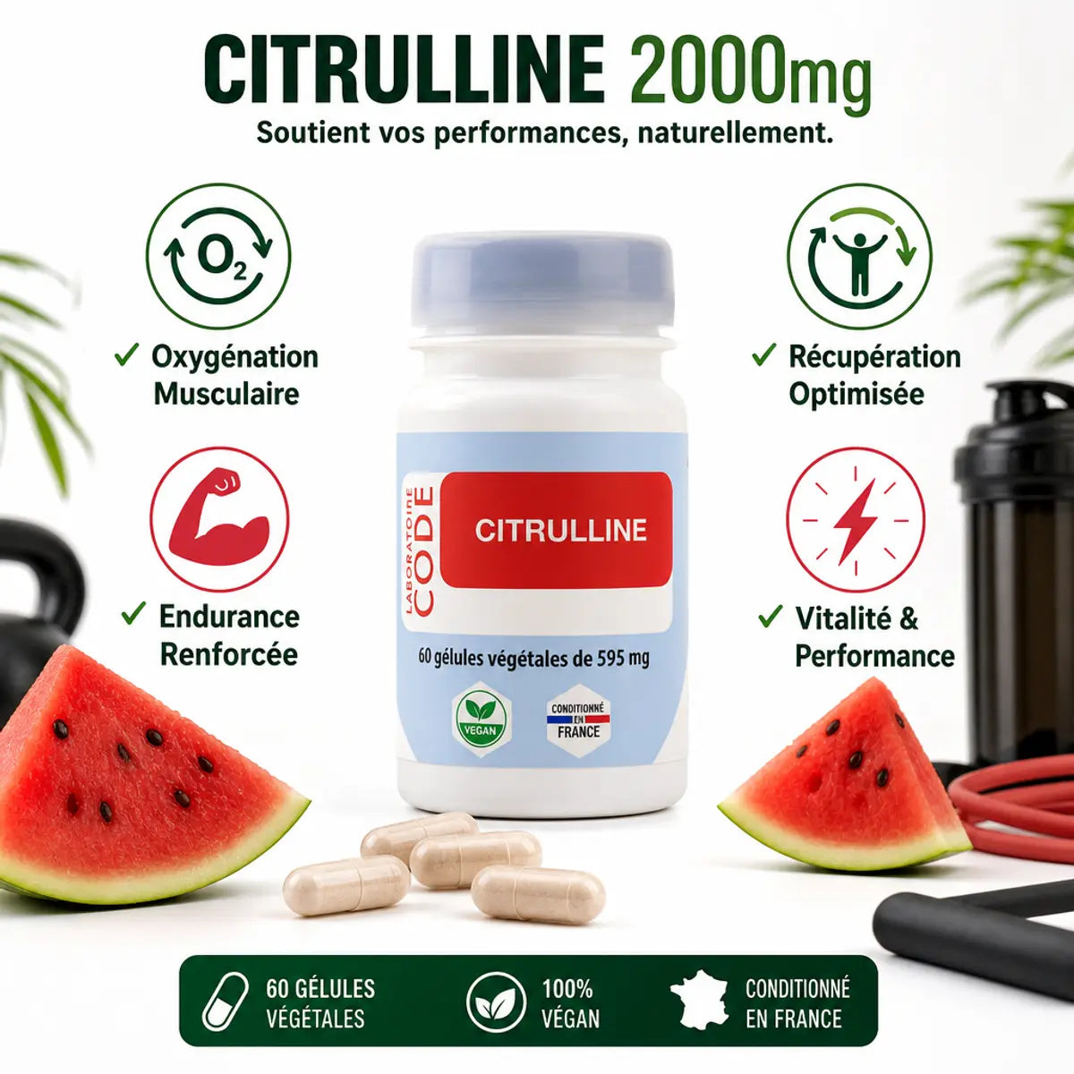Citrulline 2000 mg 60 gélules Laboratoire Code - Oxygénation musculaire et endurance renforcée