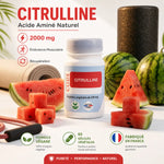 Citrulline 2000mg Code laboratoire - flacon avec gélules, pastèque et accessoires de sport