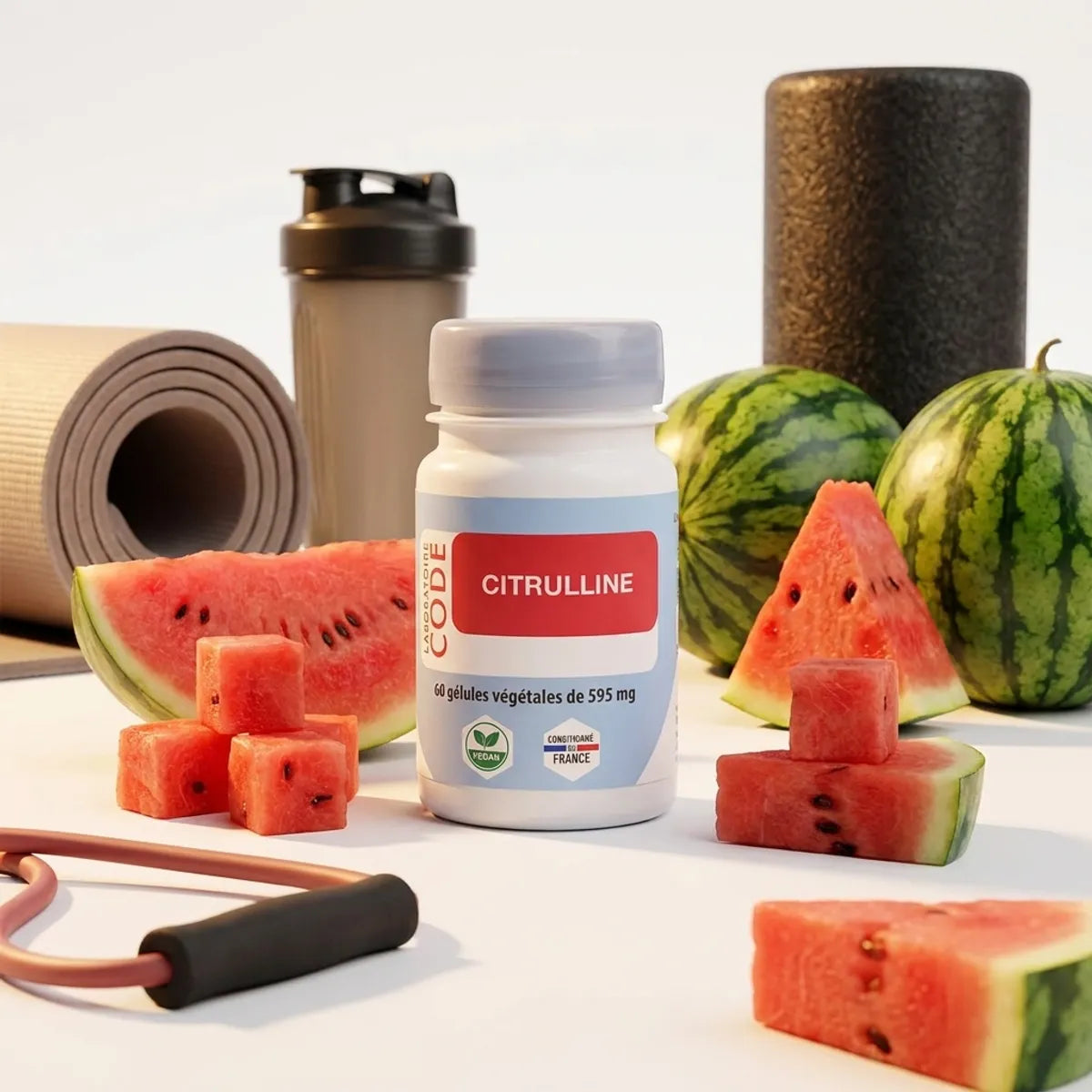 Citrulline 2000 mg Code 60 gélules avec pastèque et équipements de sport pour la récupération