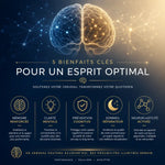 Infographie cerveau avec réseaux neuronaux dorés montrant 5 bénéfices: mémoire, clarté mentale, prévention cognitive, sommeil, neuroplasticité
