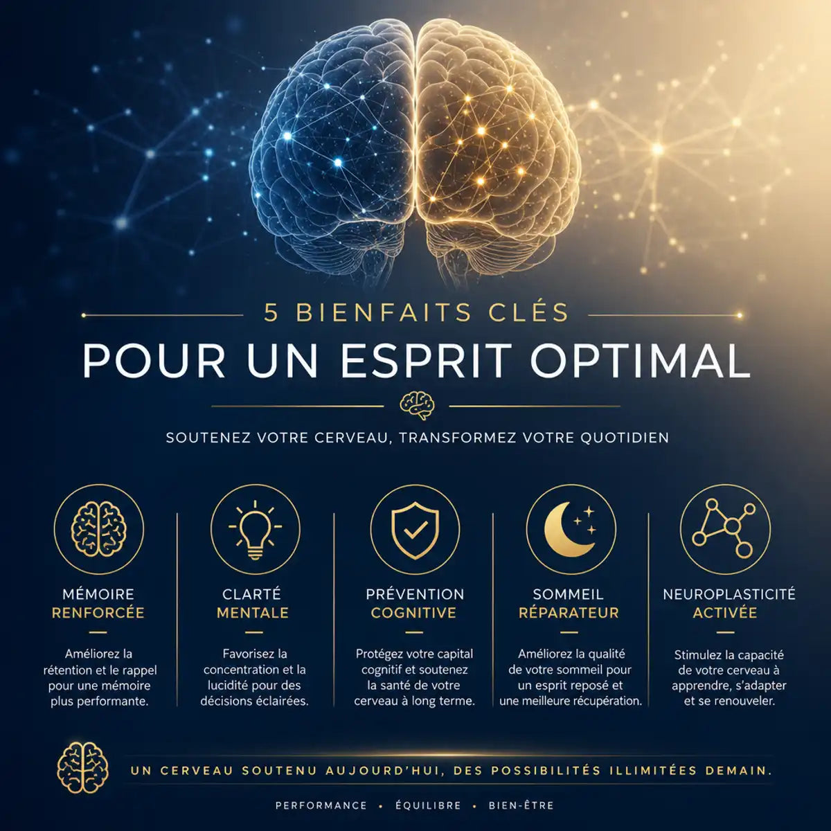 Infographie cerveau avec réseaux neuronaux dorés montrant 5 bénéfices: mémoire, clarté mentale, prévention cognitive, sommeil, neuroplasticité