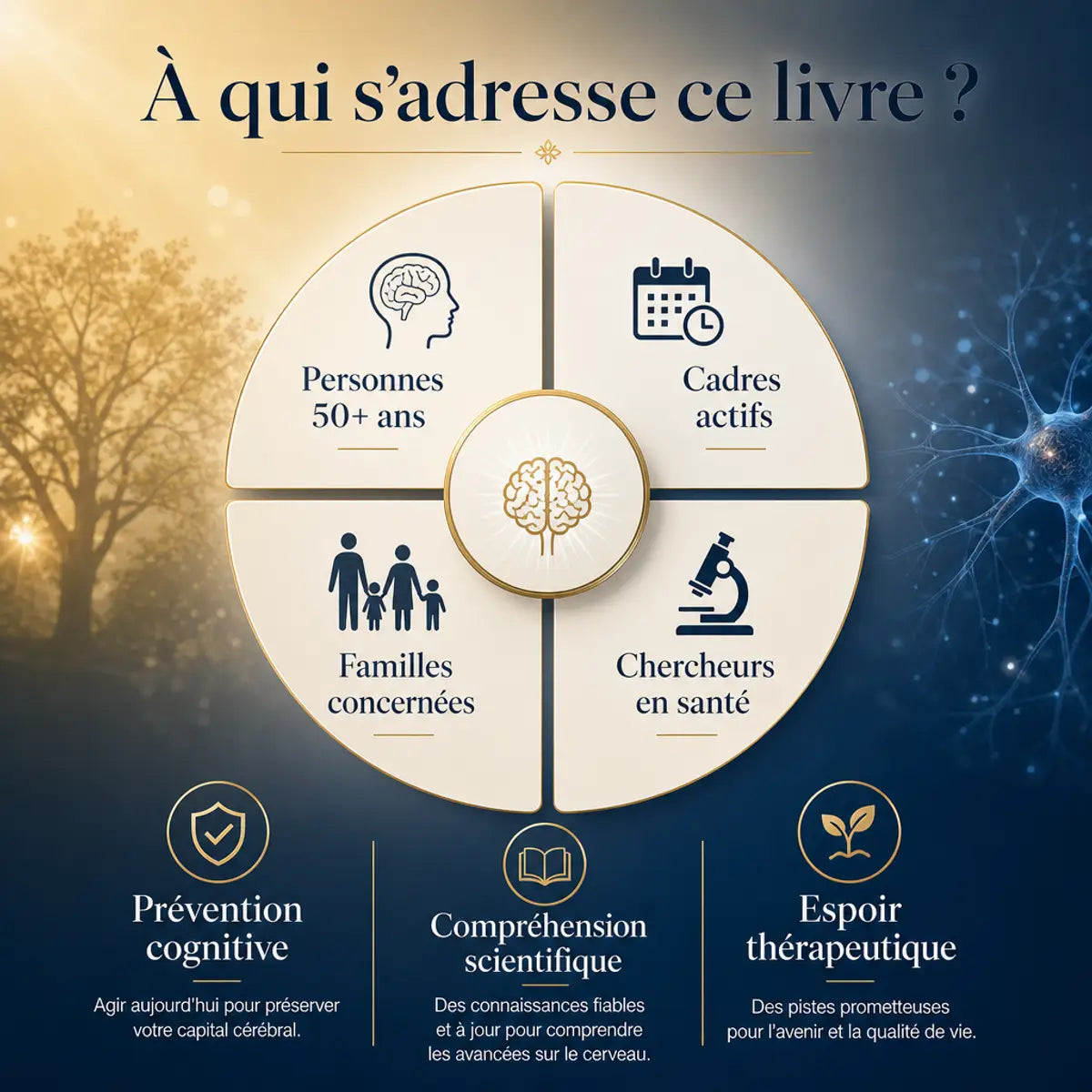 Diagramme circulaire sur la prévention d'Alzheimer montrant les publics cibles : seniors, cadres, familles et chercheurs